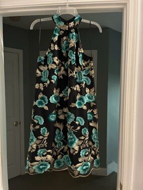 STUNNING TRINA TURK Black Floral Mini Dress with Teal and Gold Embroidery!